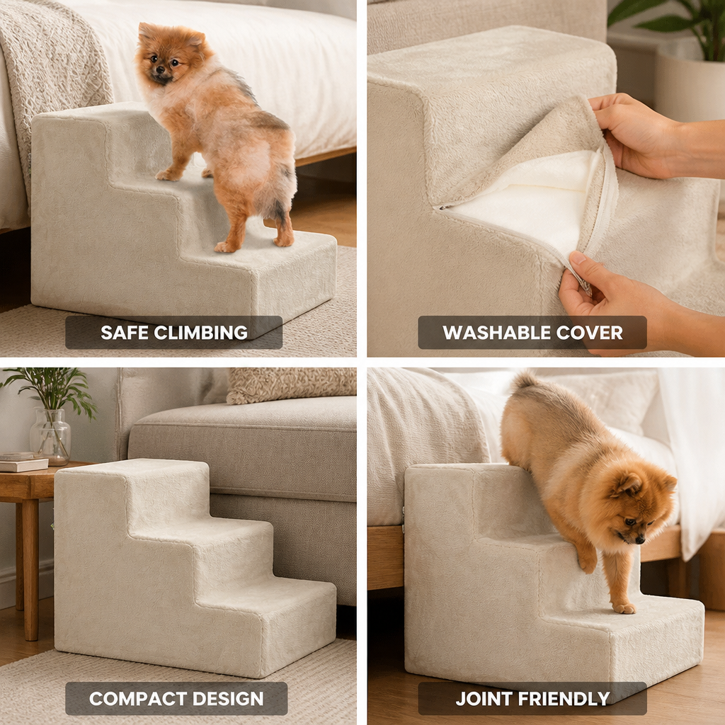 Washable Plush 3-Step Pet Stairs (For Small Dogs & Cats)