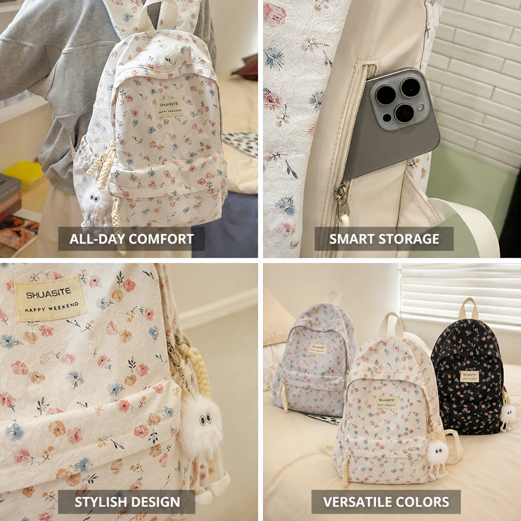 Padded Shoulder Straps & Floral Print Backpack