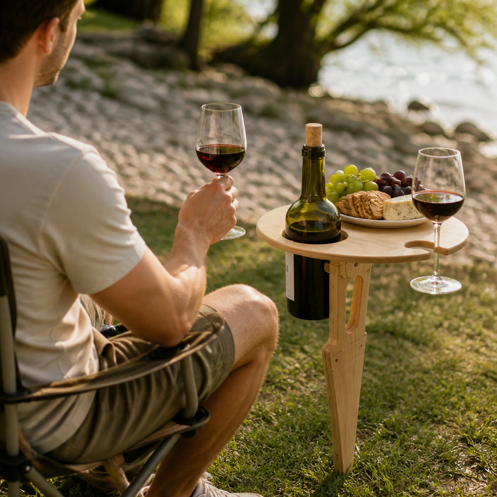 Foldable Birch Wood Picnic Table With Integrated Wine Holder