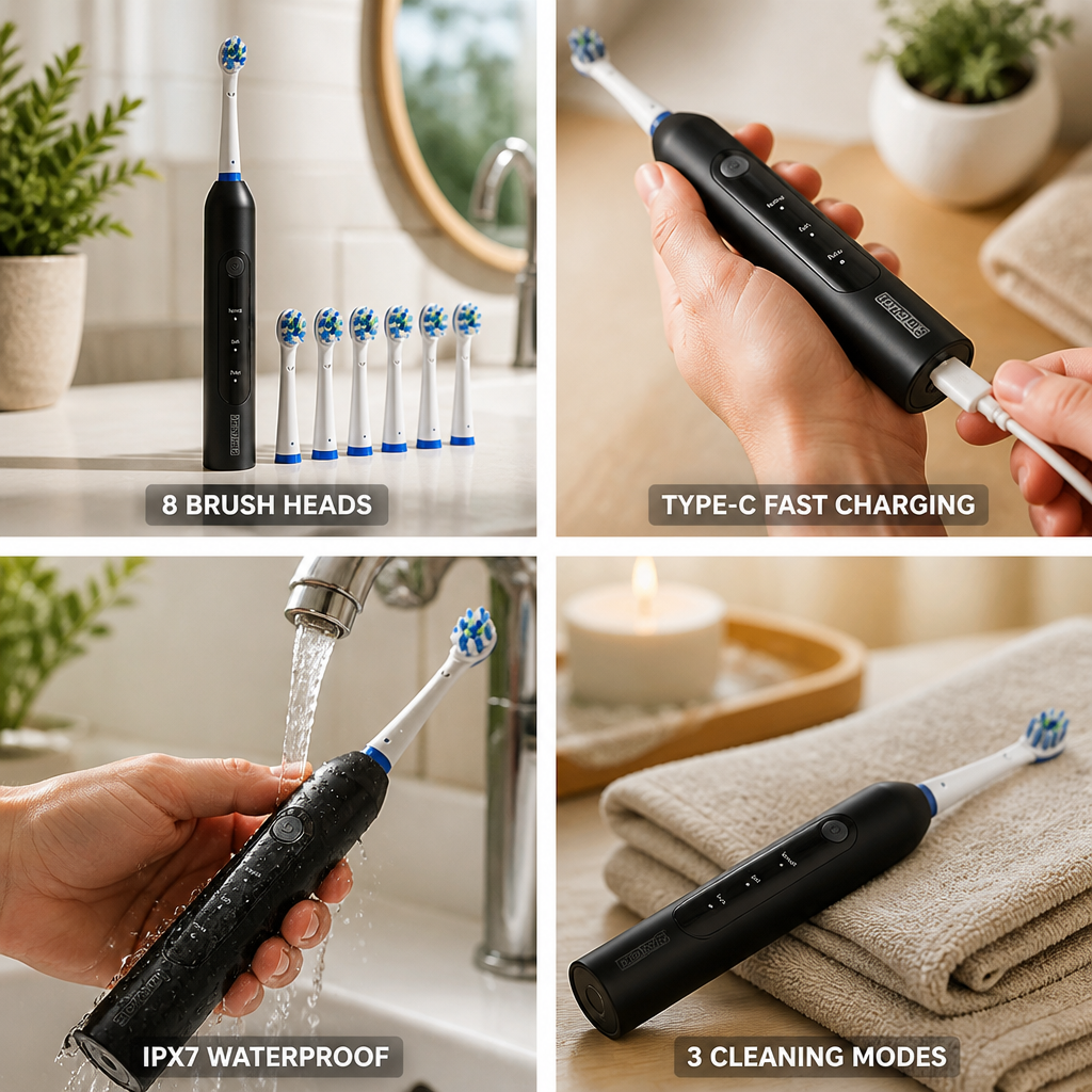 800mAh Type-C Rechargeable Electric Toothbrush (8 Brush Heads)
