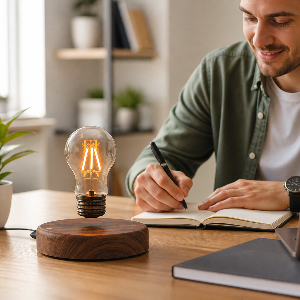 Magnetic Levitating Walnut Wood Edison-Style Table Lamp
