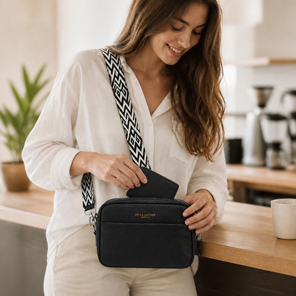 Genuine Leather Crossbody Camera Bag (Detachable Geometric Strap)