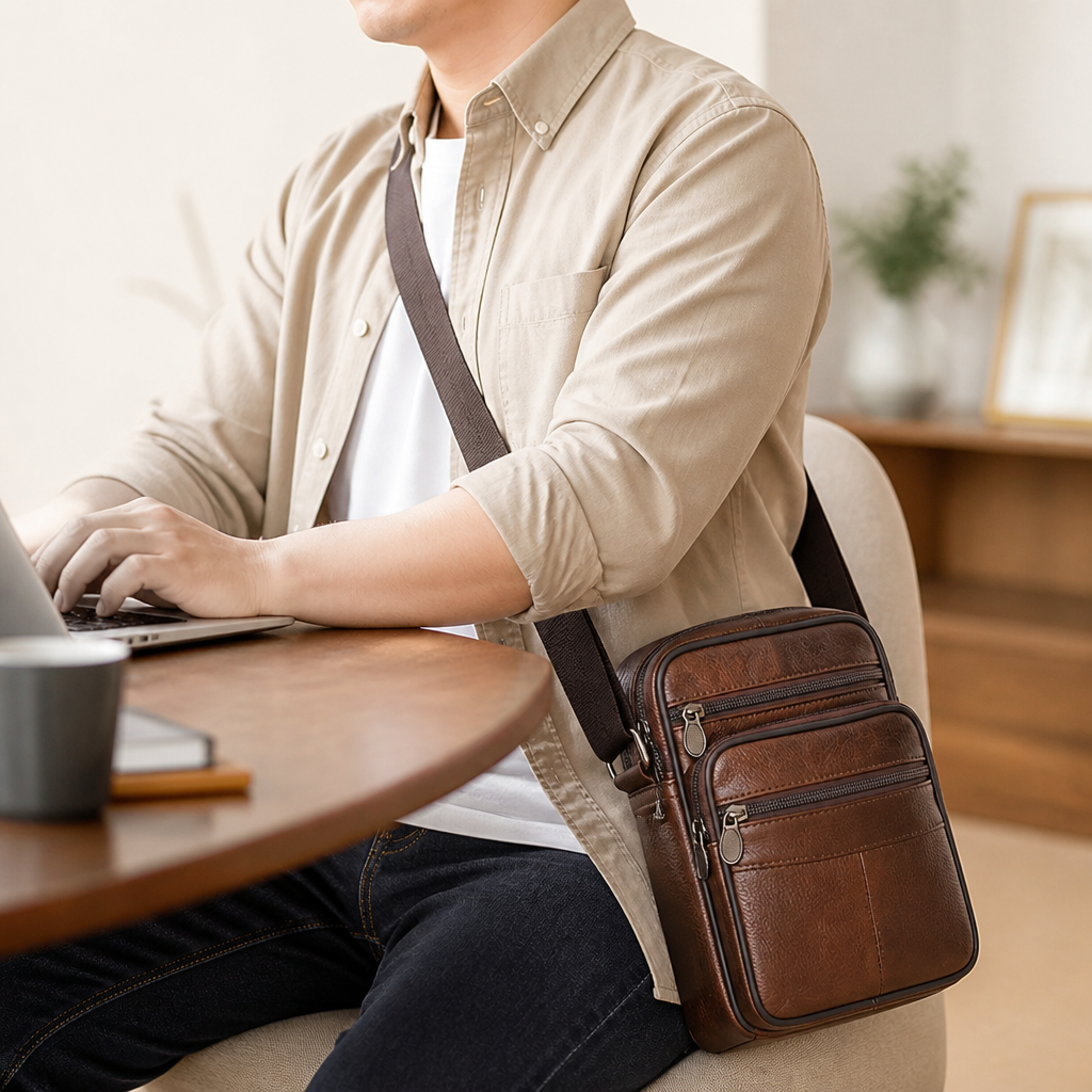 Top-Grain Cowhide Crossbody Bag (Multiple Compartments & Adjustable Strap)