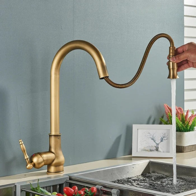 Adjustable Spout Kitchen Faucet in Antique Brass with Sturdy Build