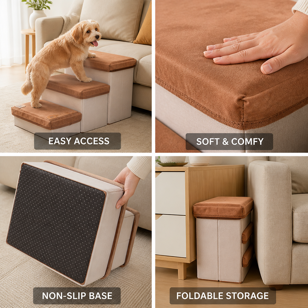 Foldable Plush-Covered Non-Slip Dog Stairs (3-Step)
