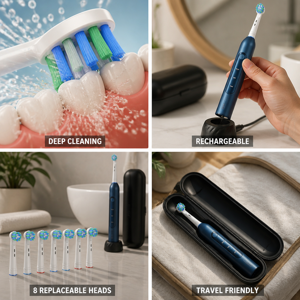 10000 RPM Rechargeable Electric Toothbrush (8 Replaceable Heads)