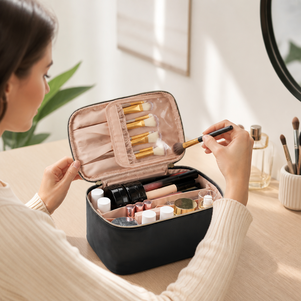 Adjustable Dividers & Sturdy Handle Travel Makeup Organizer