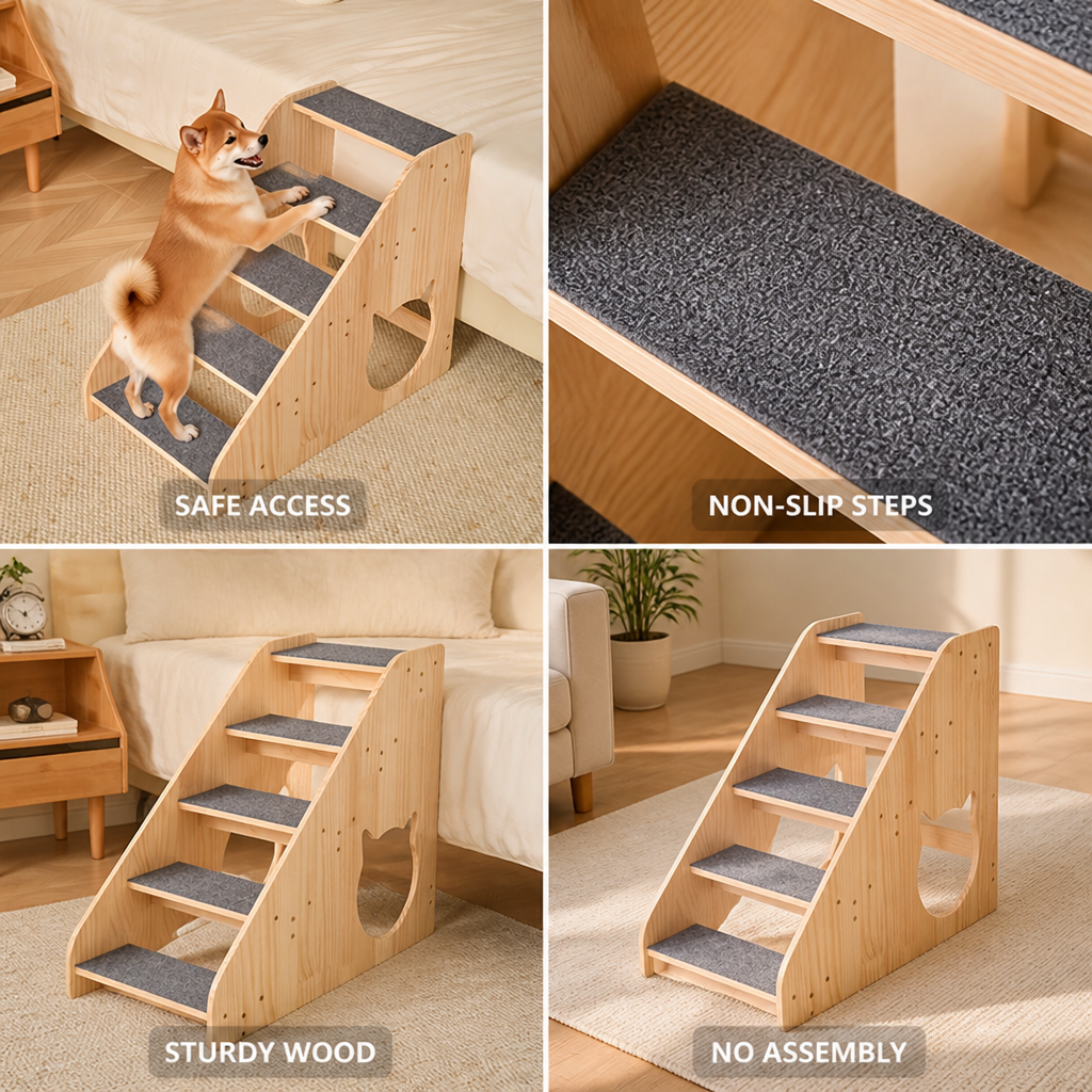 Wooden Non-Slip Pet Stairs (5-Step)