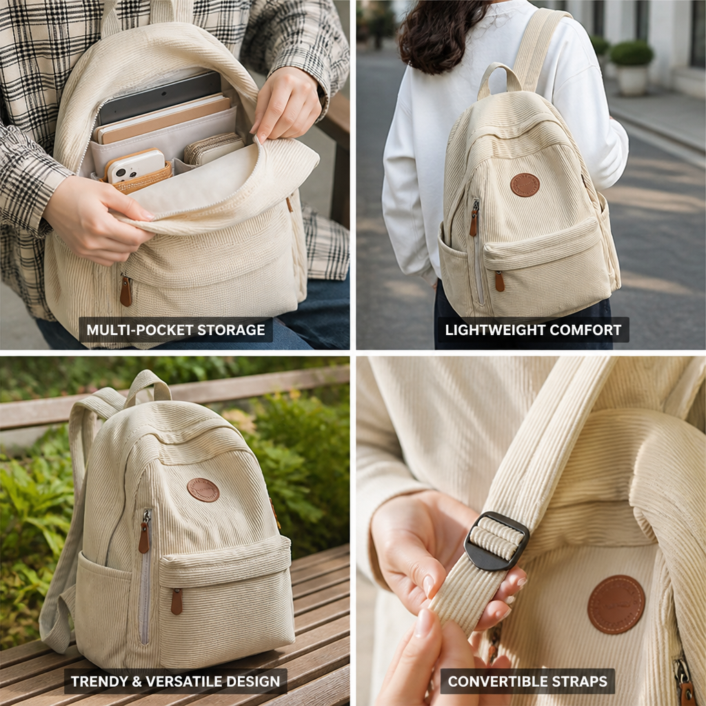 Lightweight Corduroy Multi-Pocket Backpack (Convertible Straps)