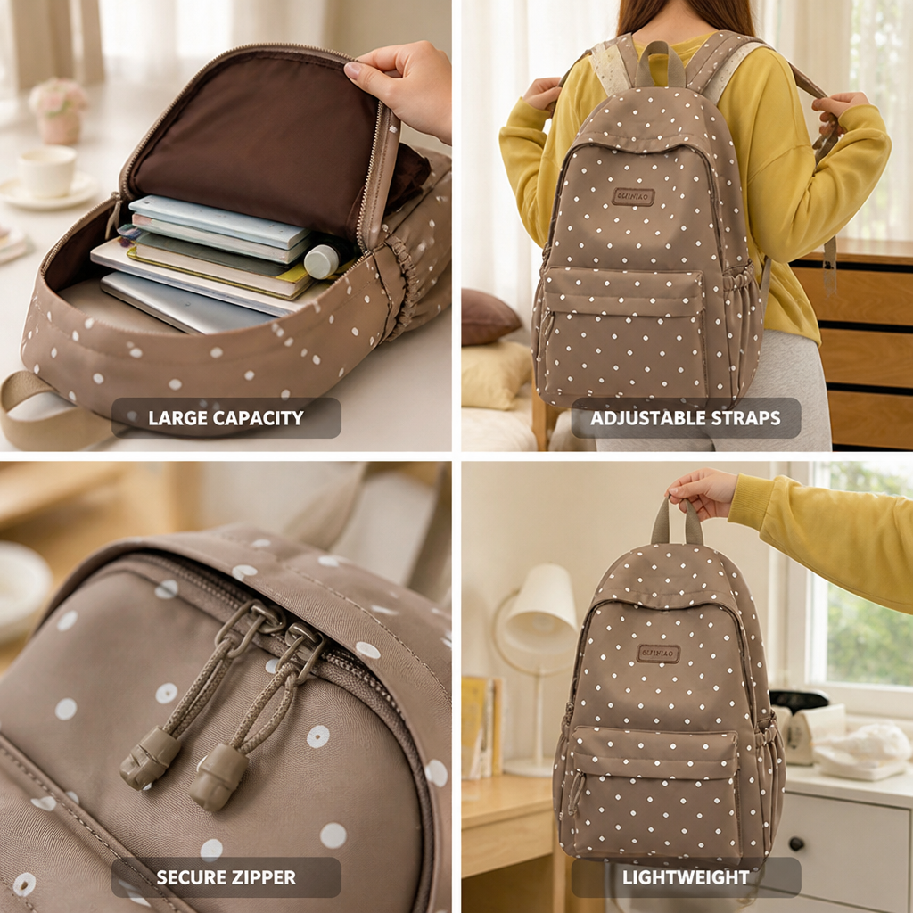 Lightweight Large-Capacity Polka Dot Backpack