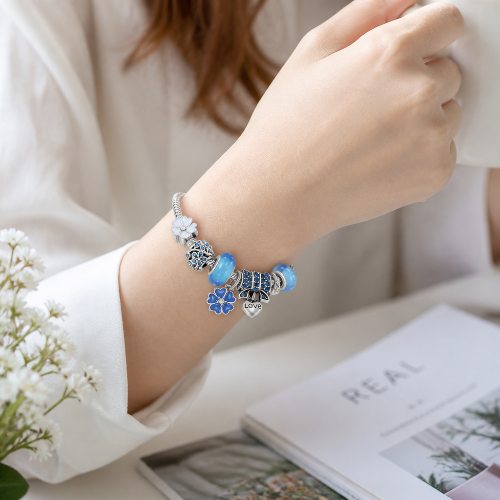 Stainless Steel Adjustable Fit Peach Blossom Charm Bracelet