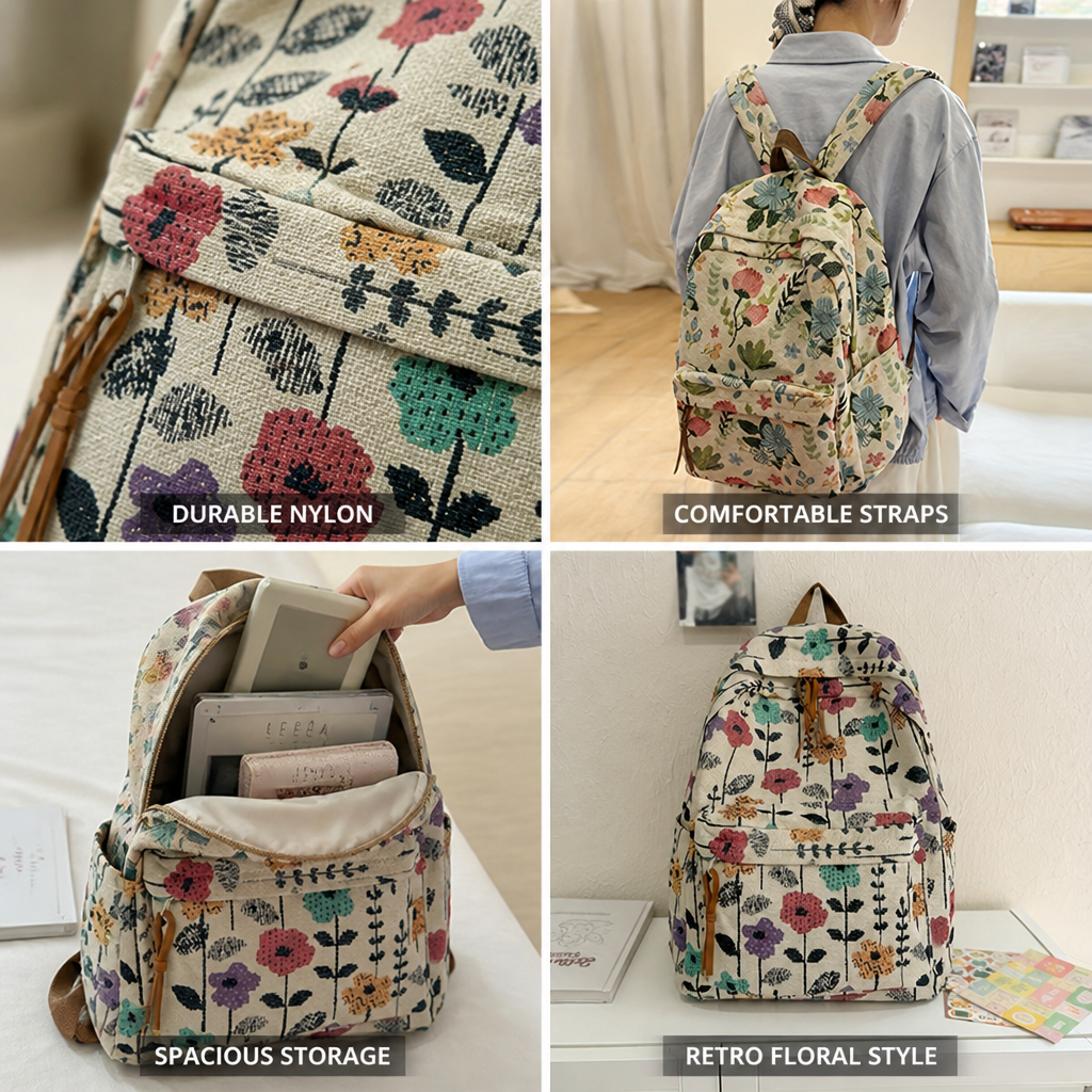Lightweight Nylon Double-Strap Floral Backpack