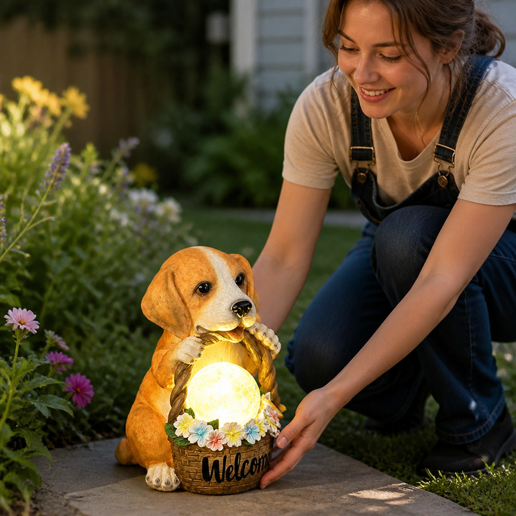 Solar-Powered LED Weatherproof Resin Dog Statue