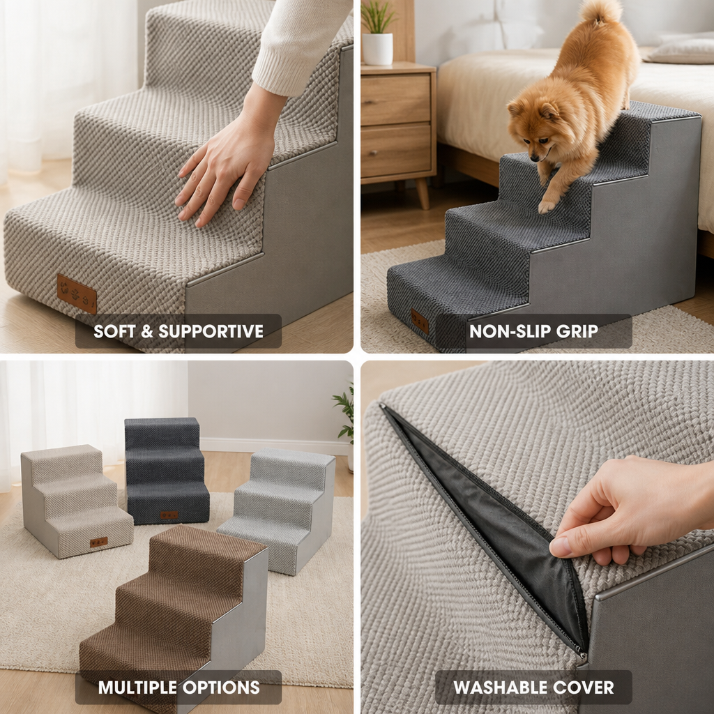 High-Density Memory Foam & Non-Slip Pet Steps (3-5 Steps)