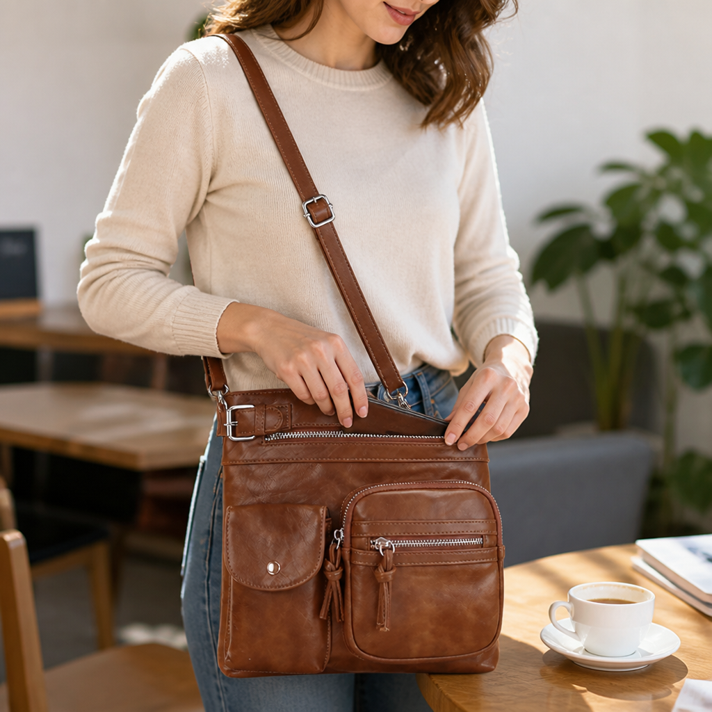 Genuine Leather Multi-Pocket Crossbody Bag