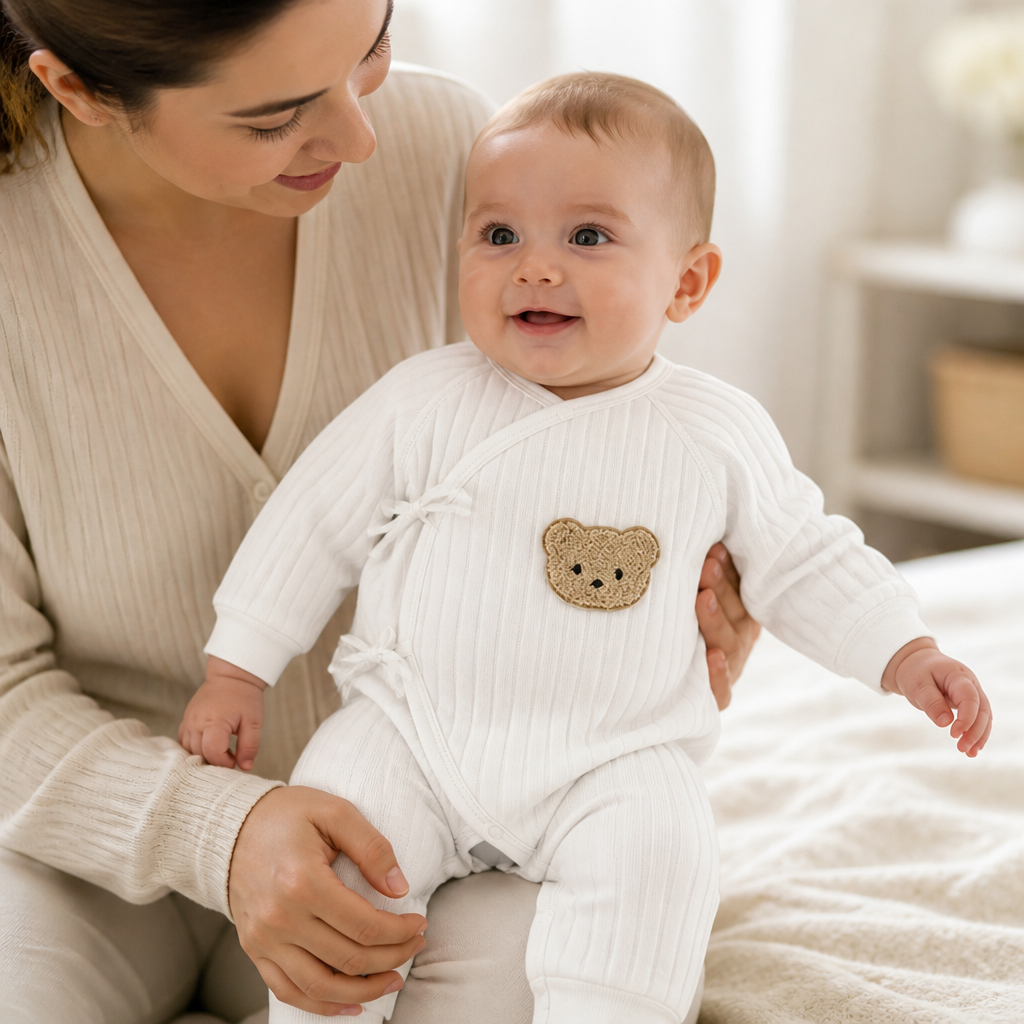 Soft 100% Cotton Press-Stud Baby Romper (Bear Applique)