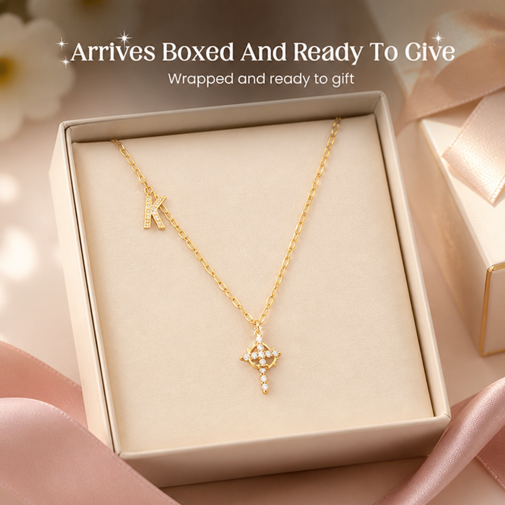 LumaSoul™ – Dainty Petal Chain Necklace with Initial & Cross Charms