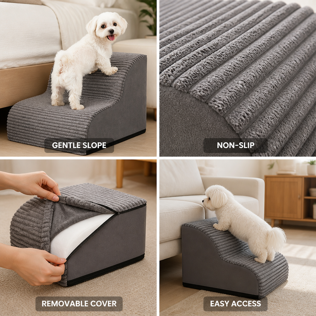 Gentle Slope Non-Slip Pet Stairs (2-Step, Removable Washable Cover)