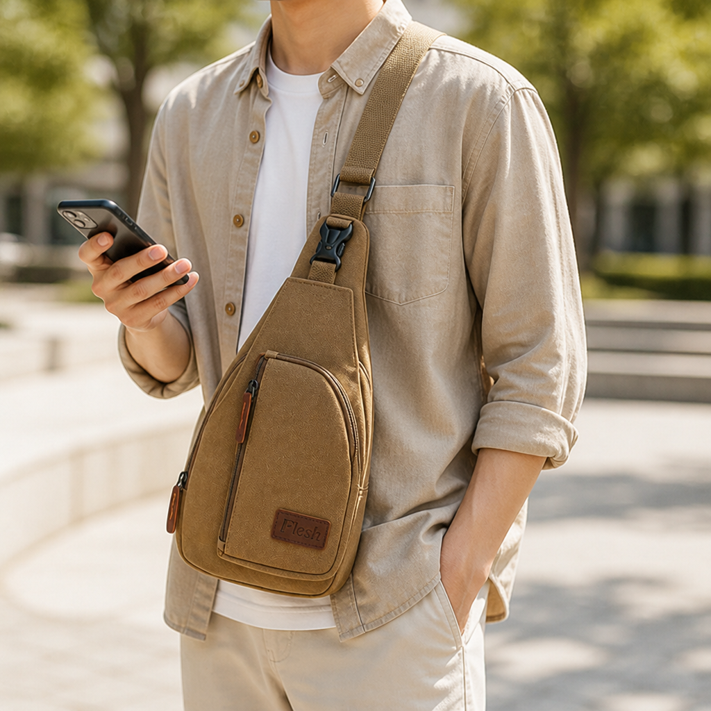Lightweight Vintage Canvas & Leather Trim Sling Bag