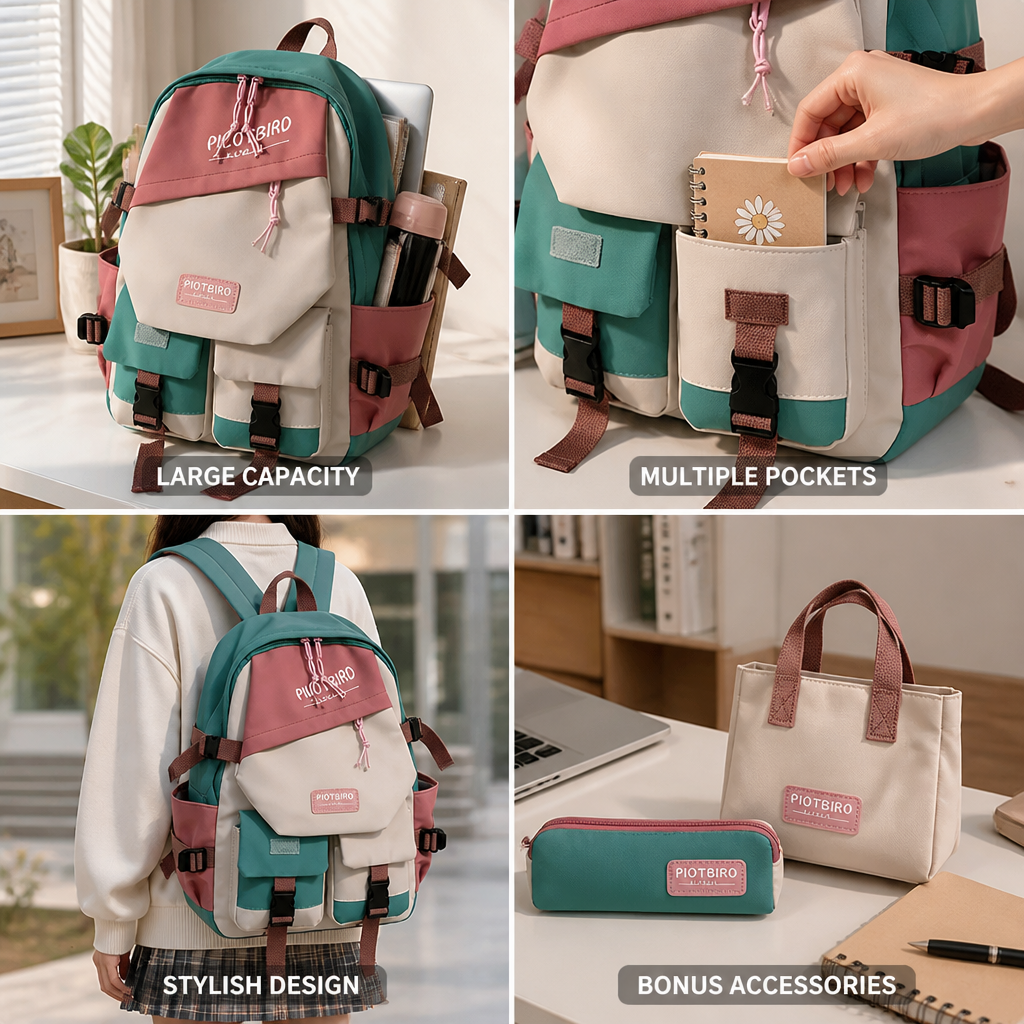 Large Capacity Color-Block Multi-Pocket School Backpack (Optional Pencil Bag + Handbag)