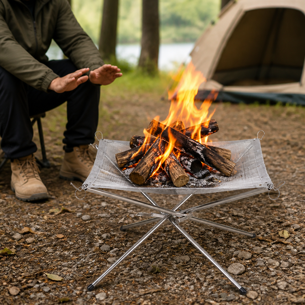 Stainless Steel Mesh Campfire Stand (Integrated Ash Tray)