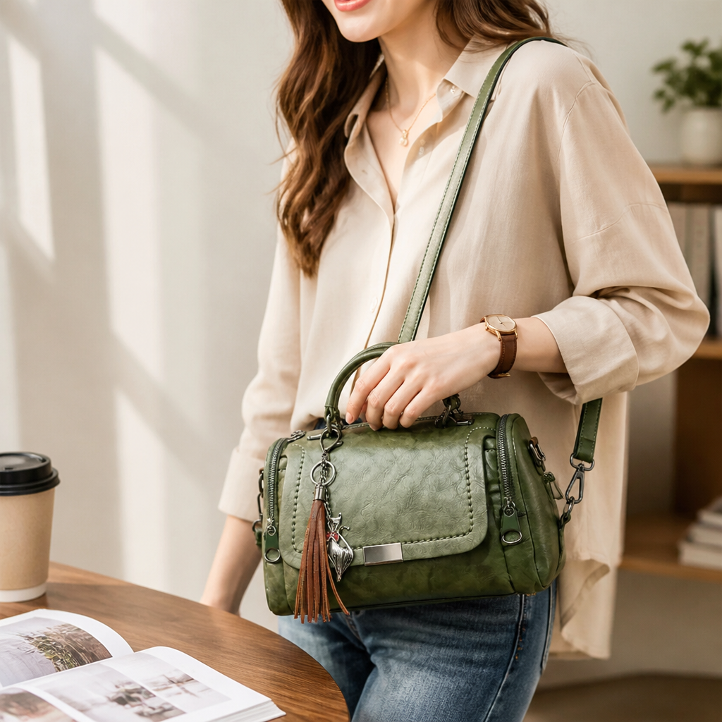 Vegan Leather Convertible Satchel Handbag (Tassel Charm)
