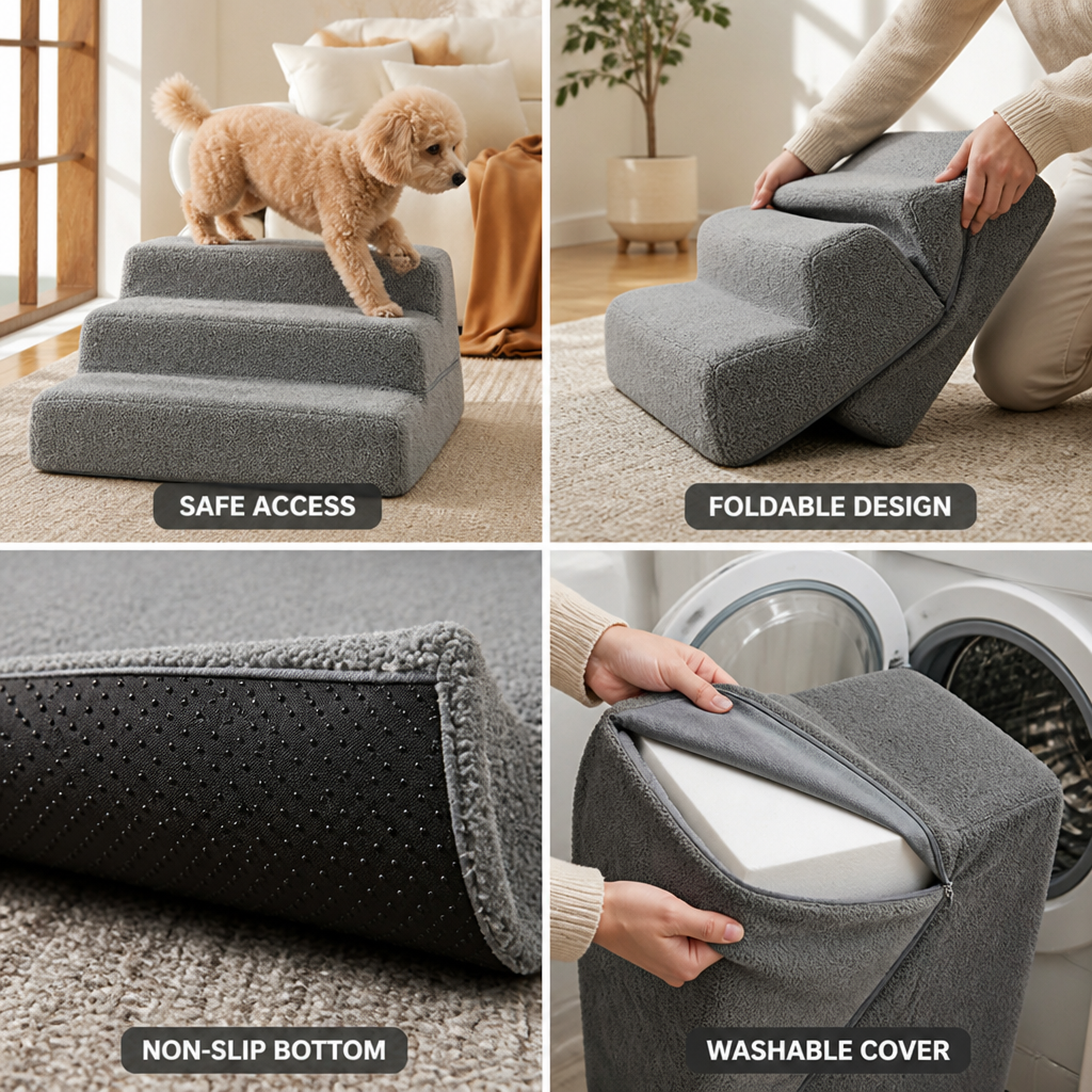 Foldable Non-Slip Foam Pet Stairs (4-Step, Washable Cover)