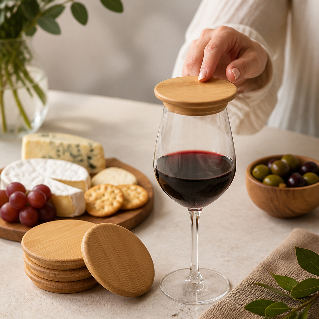 Bamboo Dual-Function Wine Glass Lid & Coaster (Set of 4)