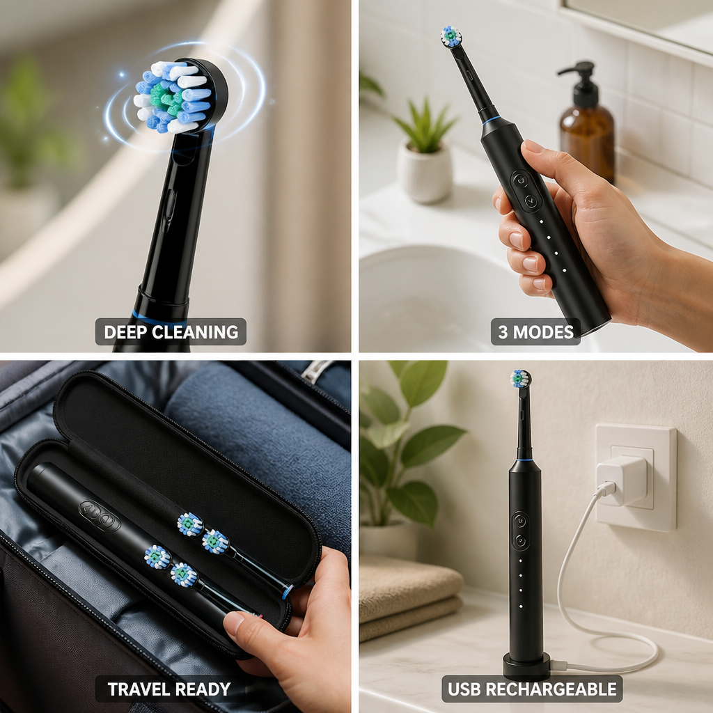 Rotating Brush Heads & USB-Rechargeable Electric Toothbrush (Set of 4)