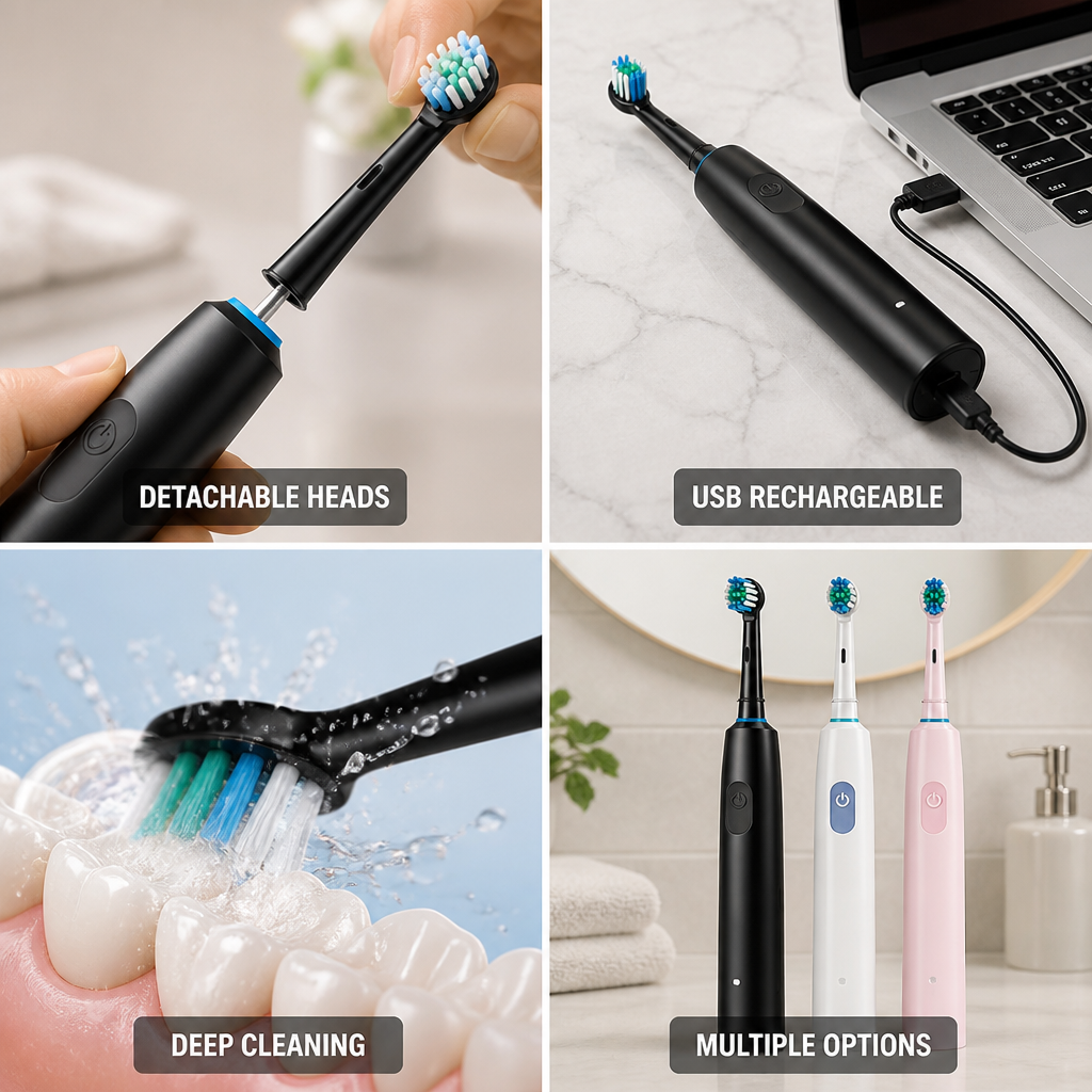 Detachable Sonic USB Rechargeable Electric Toothbrush (Includes 4 Brush Heads)