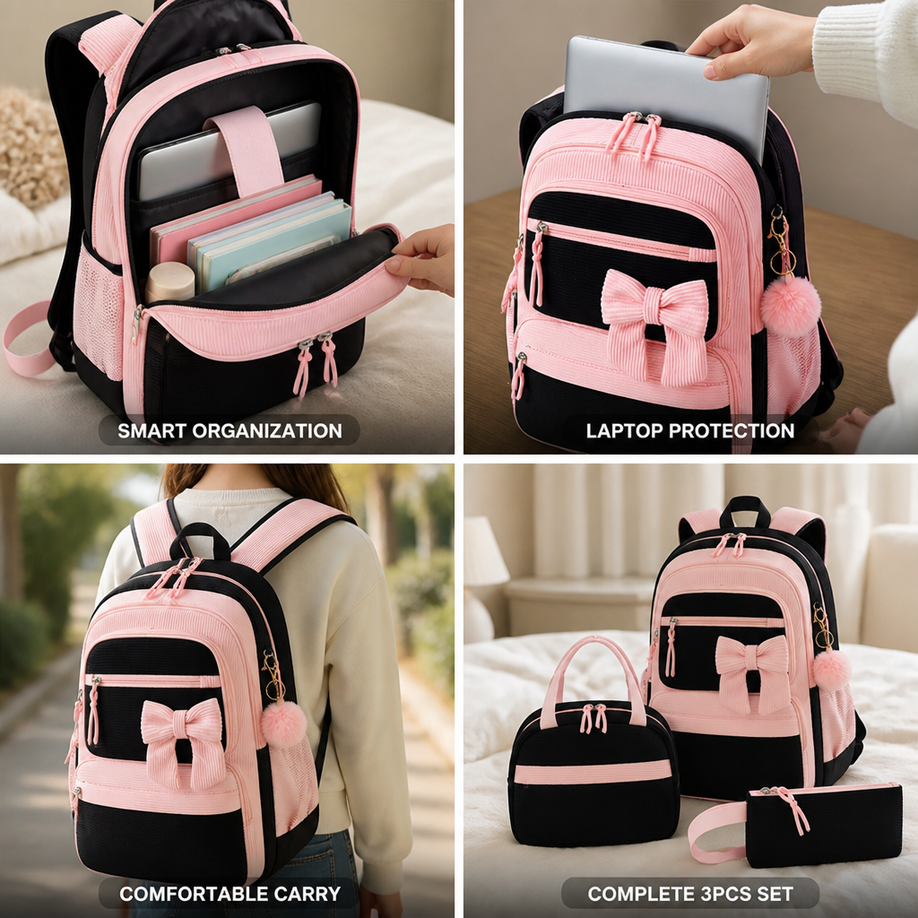 Corduroy Laptop-Ready Backpack Set (Set of 3)