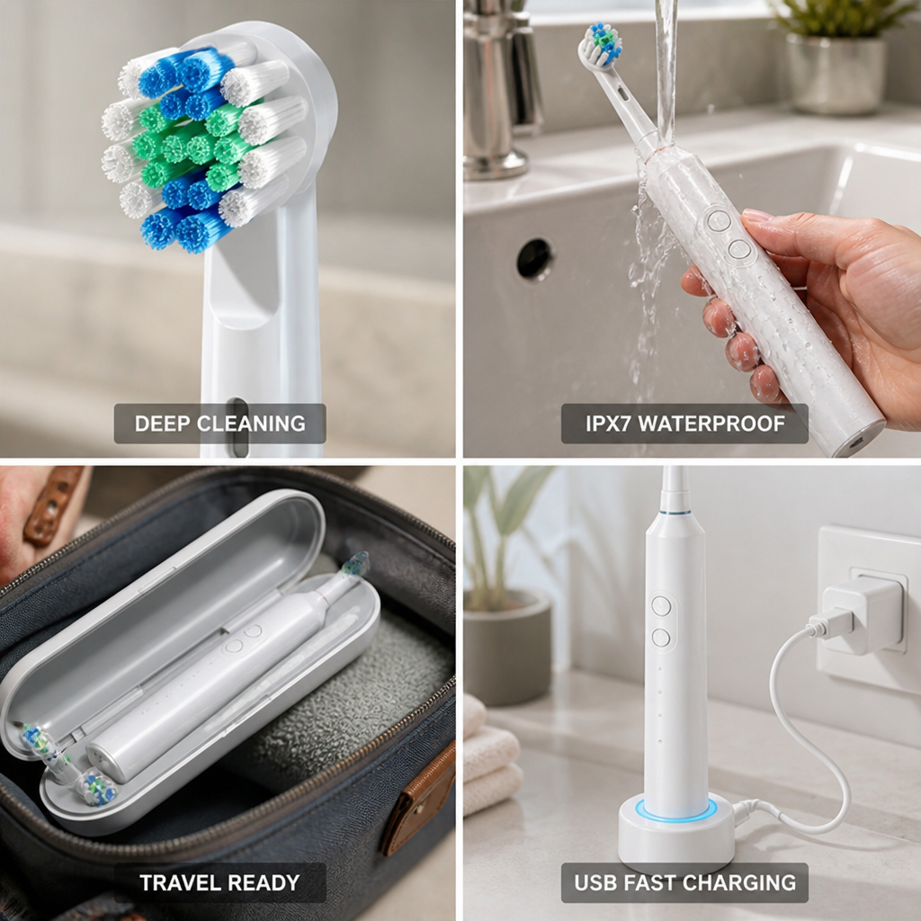 IPX7 Waterproof USB Fast-Charging Electric Toothbrush (8 Brush Heads)