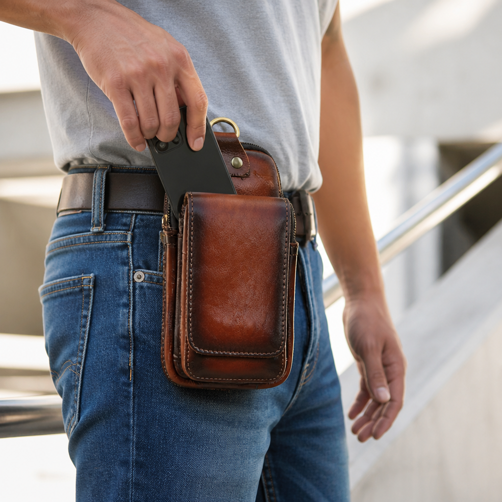 Full-Grain Leather Magnetic Flap Waist Pack (Adjustable Strap)