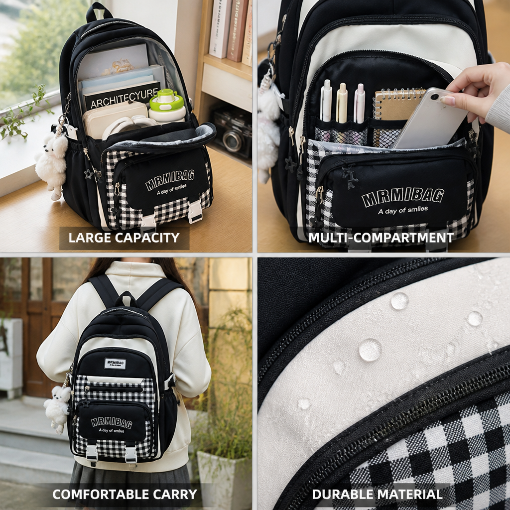 Plaid Patchwork Large-Capacity & Multi-Compartment Backpack