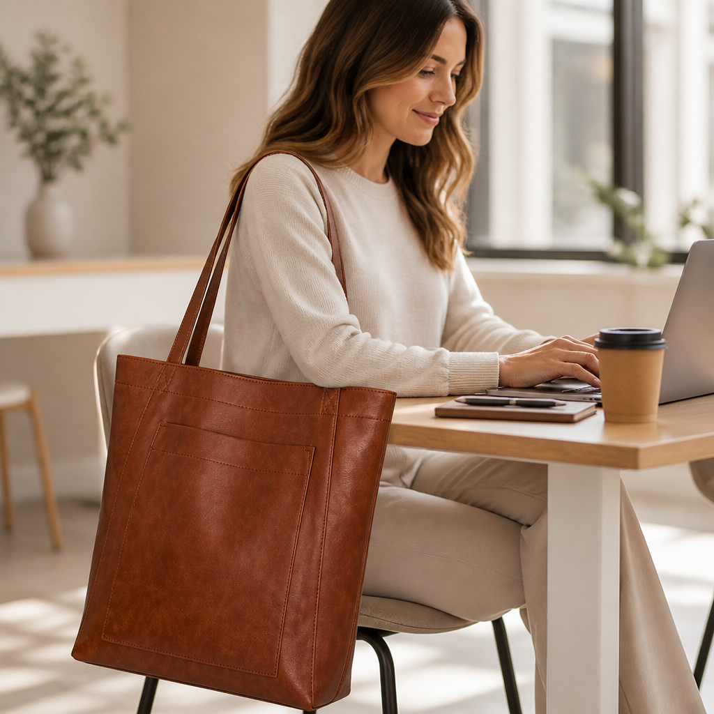 Premium PU Leather Convertible Zip-Top Tote Bag
