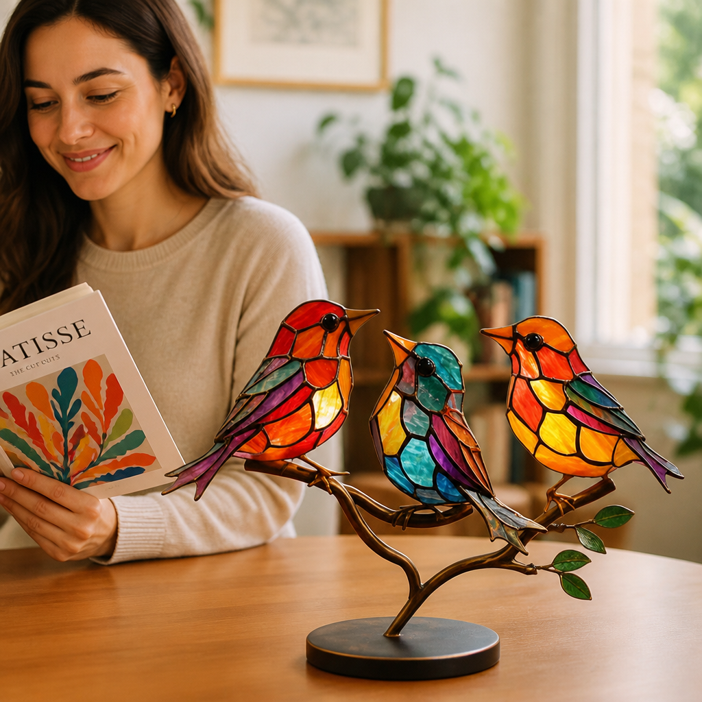 Handmade Colored Glass Bird Figurines (Set of 3 With Display Stand)