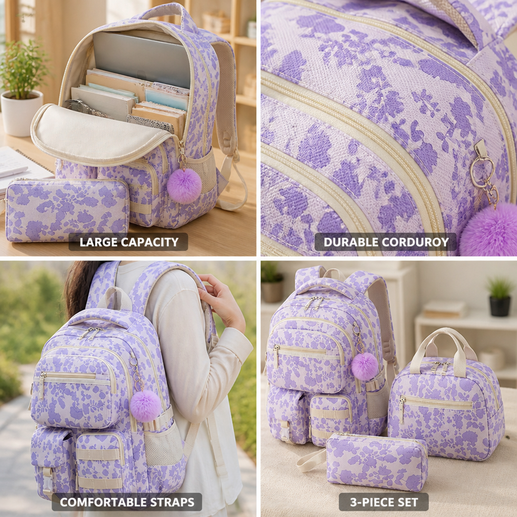 Corduroy Laptop-Ready Large-Capacity Backpack (3-Piece Set)