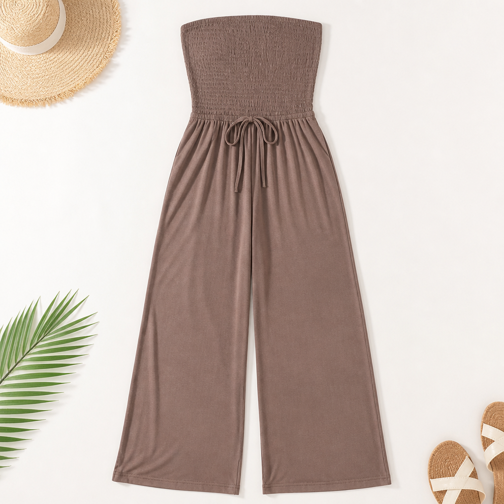 Veloria™ – Strapless Smocked Wide-Leg Jumpsuit with Pockets