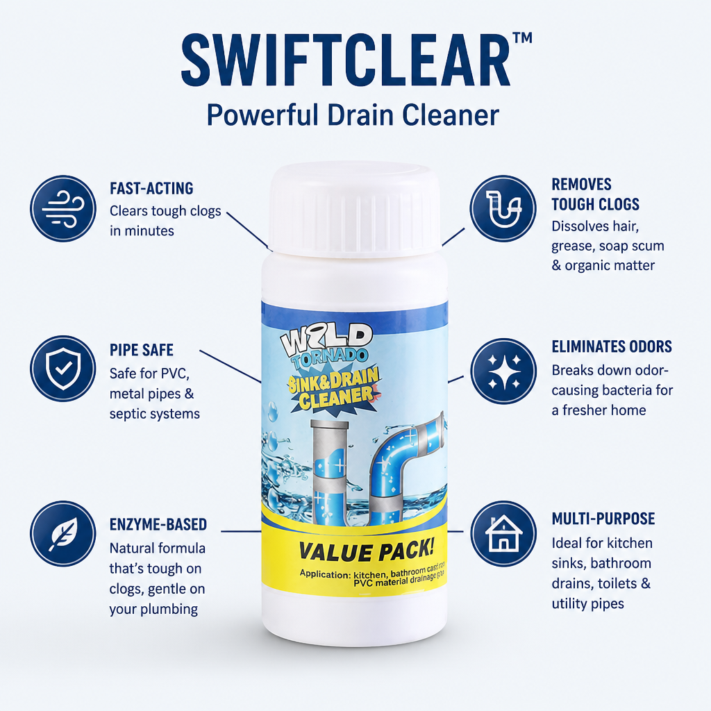 SwiftClear™ — Dissolve Hair, Grease & Gunk Clogs in Minutes Without Wrecking Your Pipes