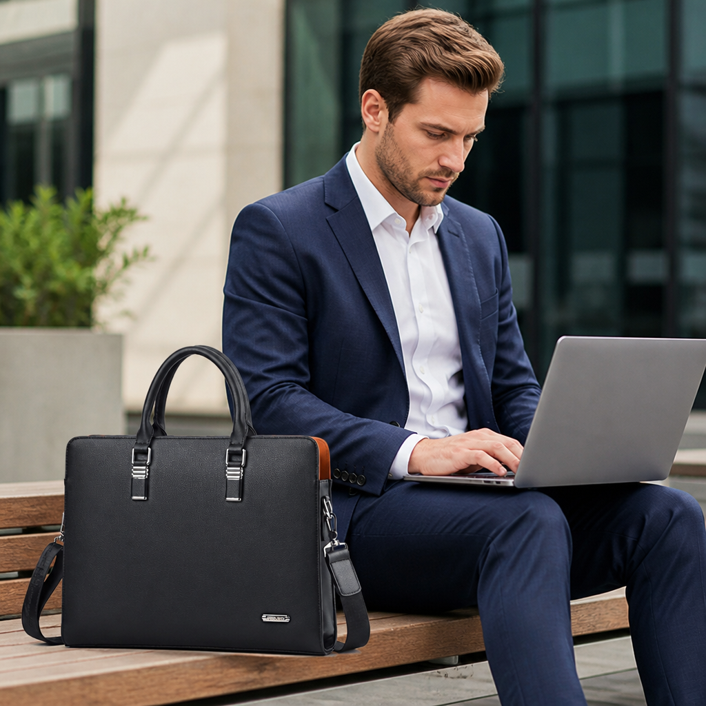 Genuine Leather Multi-Compartment Briefcase (Fits 15.6 in Laptop)