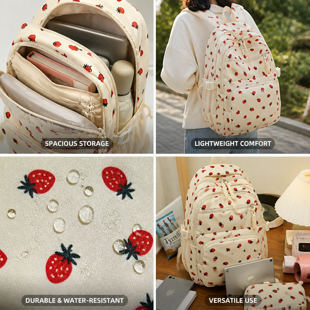 Strawberry-Print Large-Capacity Backpack