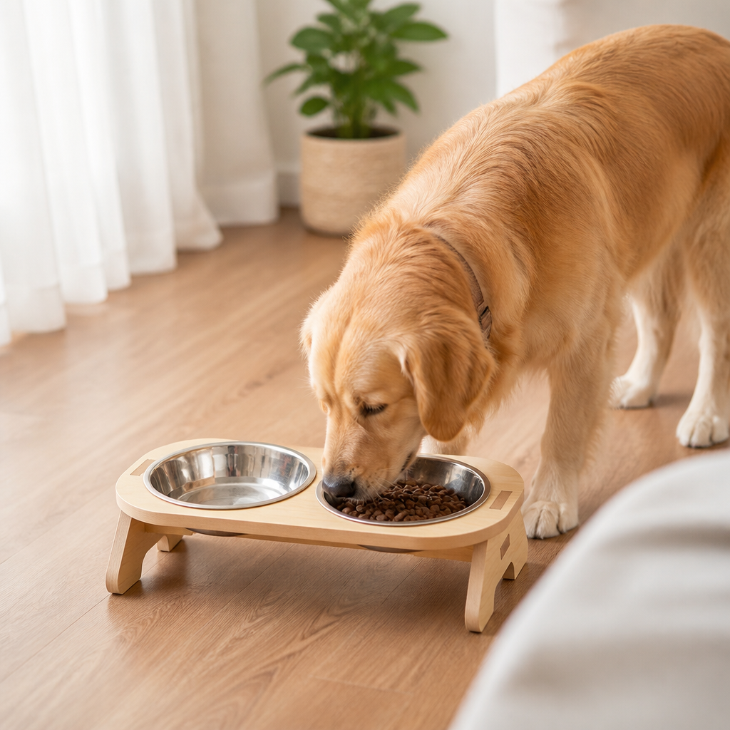 Elevated Hardwood Double Pet Bowl (Removable Stainless Steel Bowls)