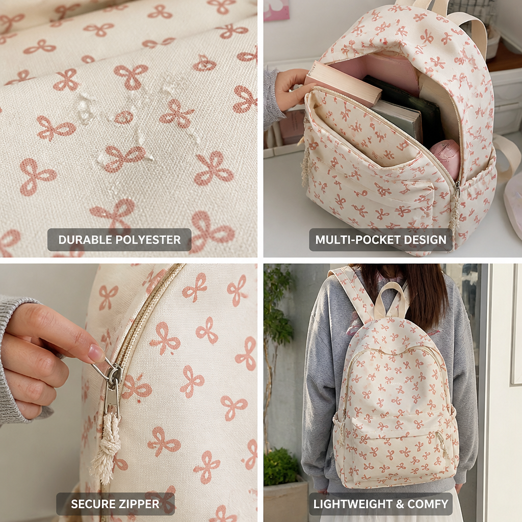 Durable Polyester Multi-Pocket Girls' Backpack (Butterfly Print)