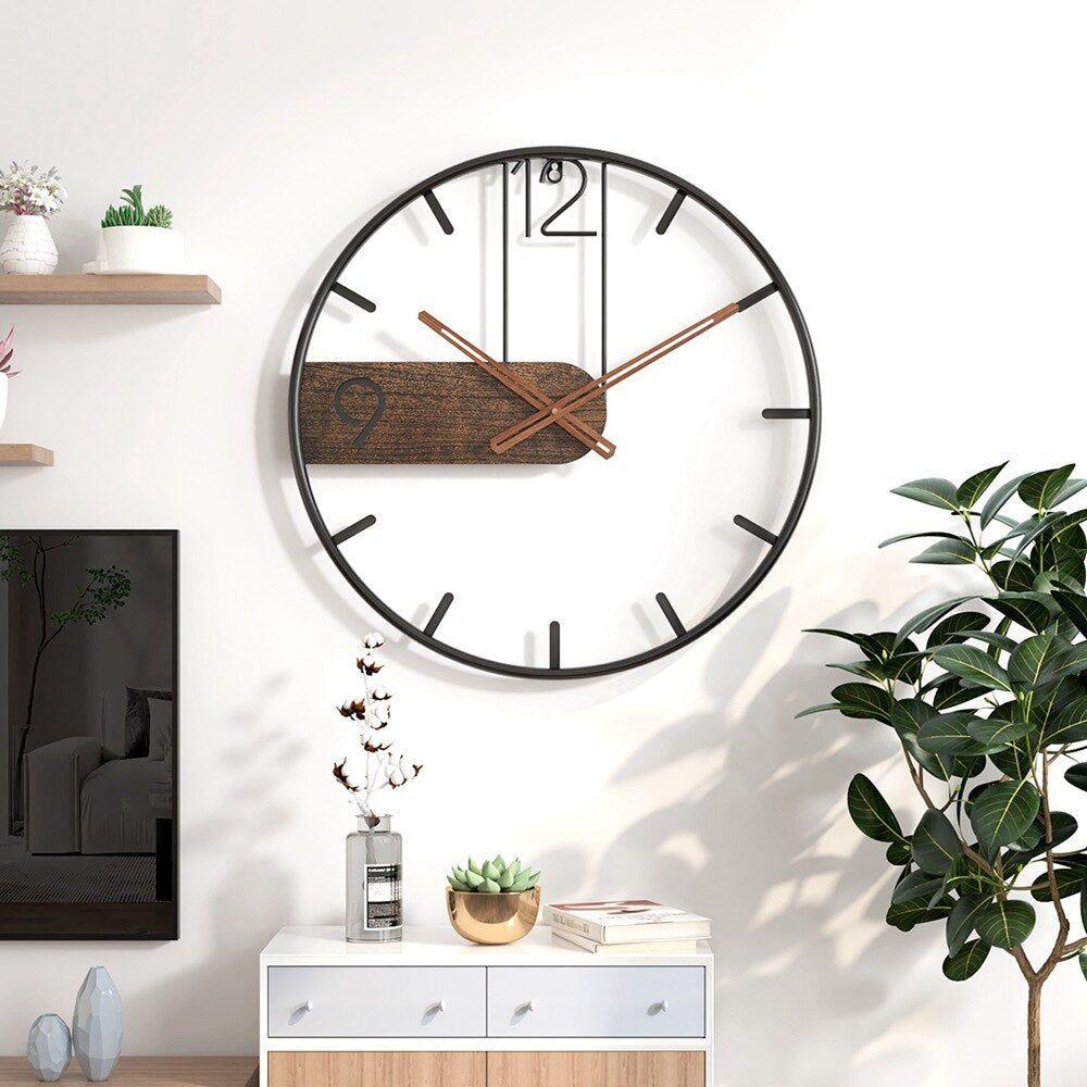 40 cm Round Wall Clock – Modern Industrial Design in Black Metal and Wood