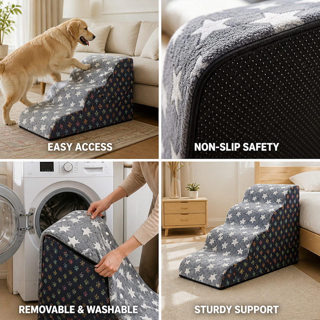 Plush Foam & Non-Slip Pet Stairs (Removable Washable Cover)