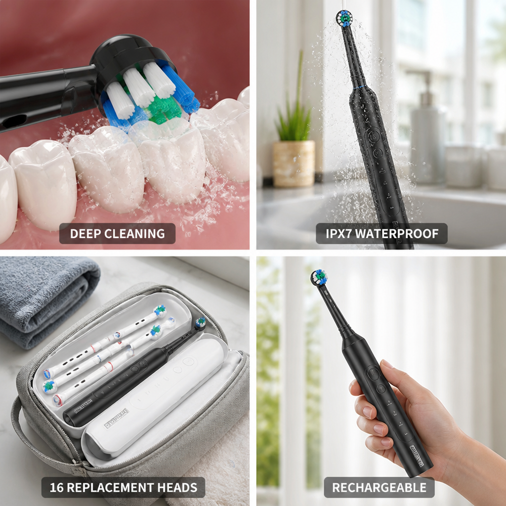Rechargeable IPX7 Waterproof Electric Toothbrush (16 Replacement Heads)