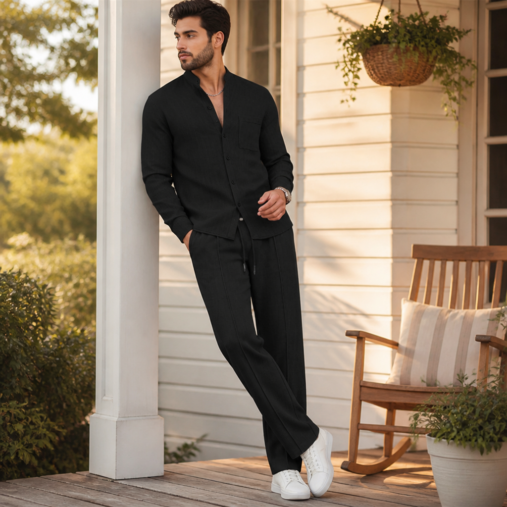 Stridonity™ – Relaxed Waffle-Texture Band-Collar Shirt & Pants Set