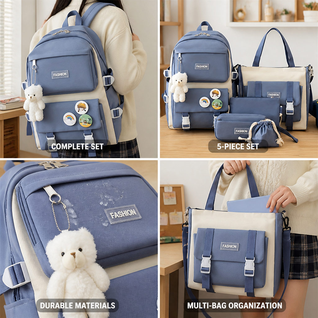 Plush Bear & Badge Kids Backpack Set (5-Piece)