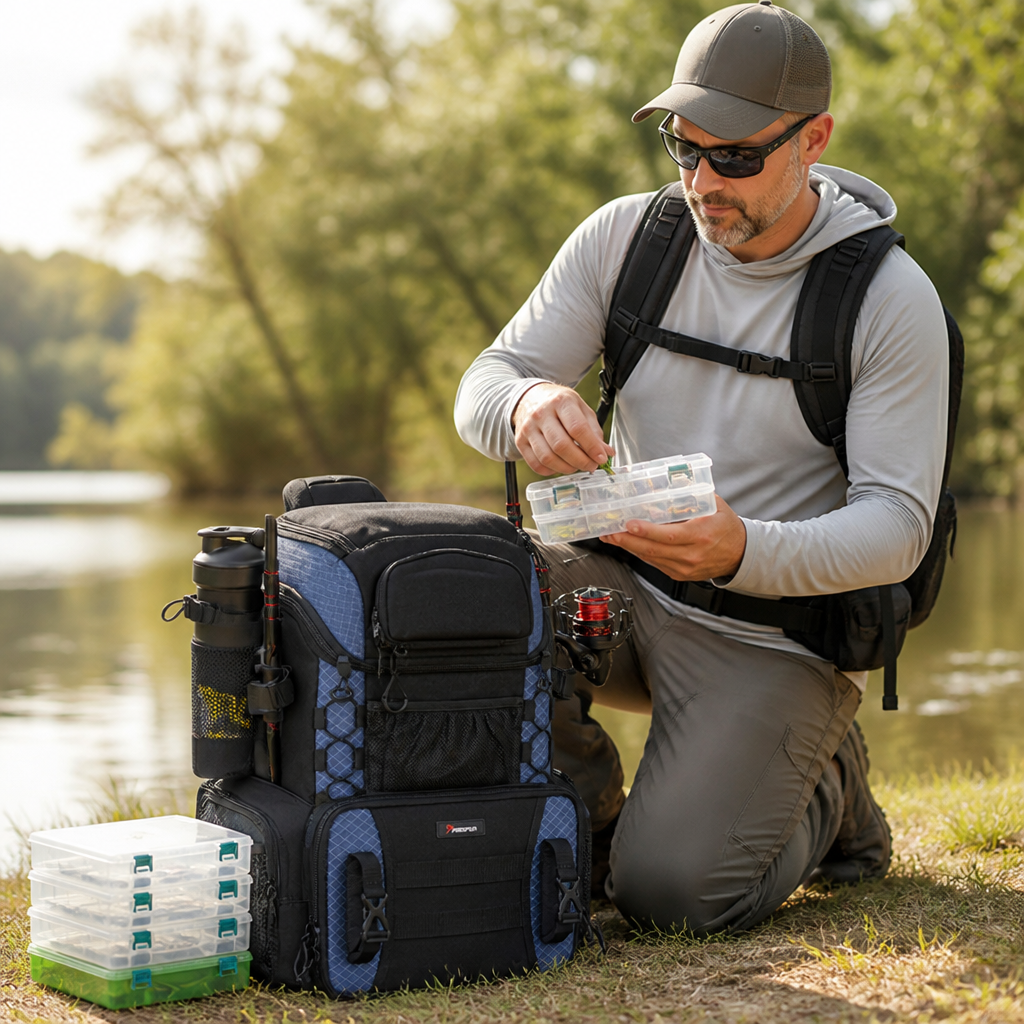 Rod Holders & Ergonomic Fishing Tackle Backpack (Includes 4 Utility Boxes)