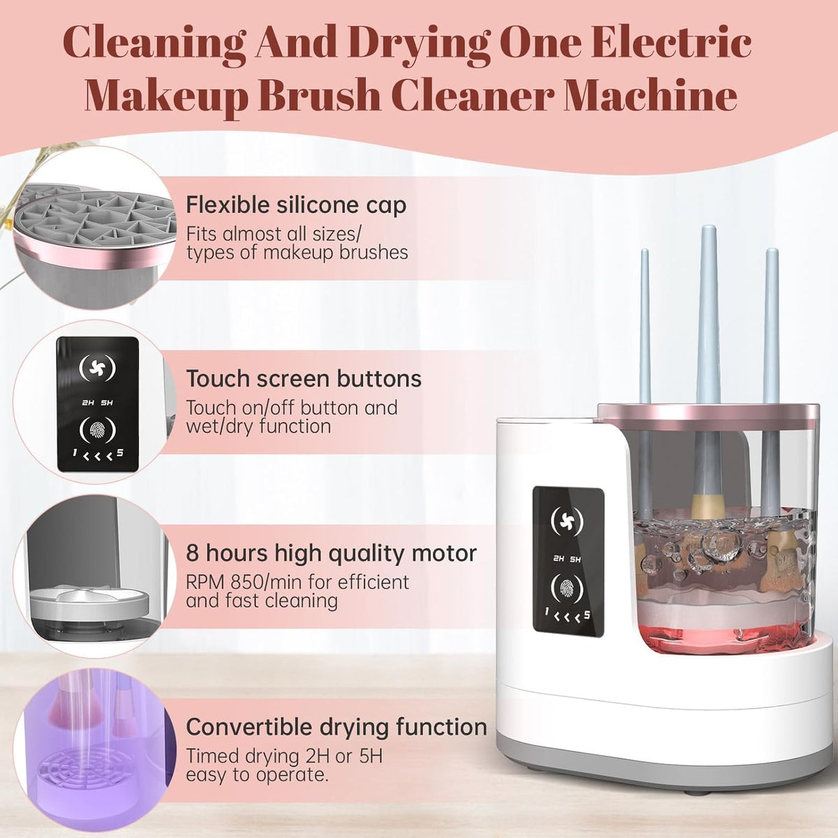 Electric Makeup Brush Cleaner with Transparent Bowl and Various Silicone Rings